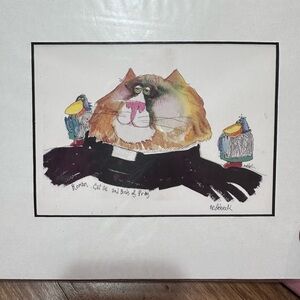 signed print titled "Roman Cat Lic and Birds of‎ Prey" by artist Don Nedobeck